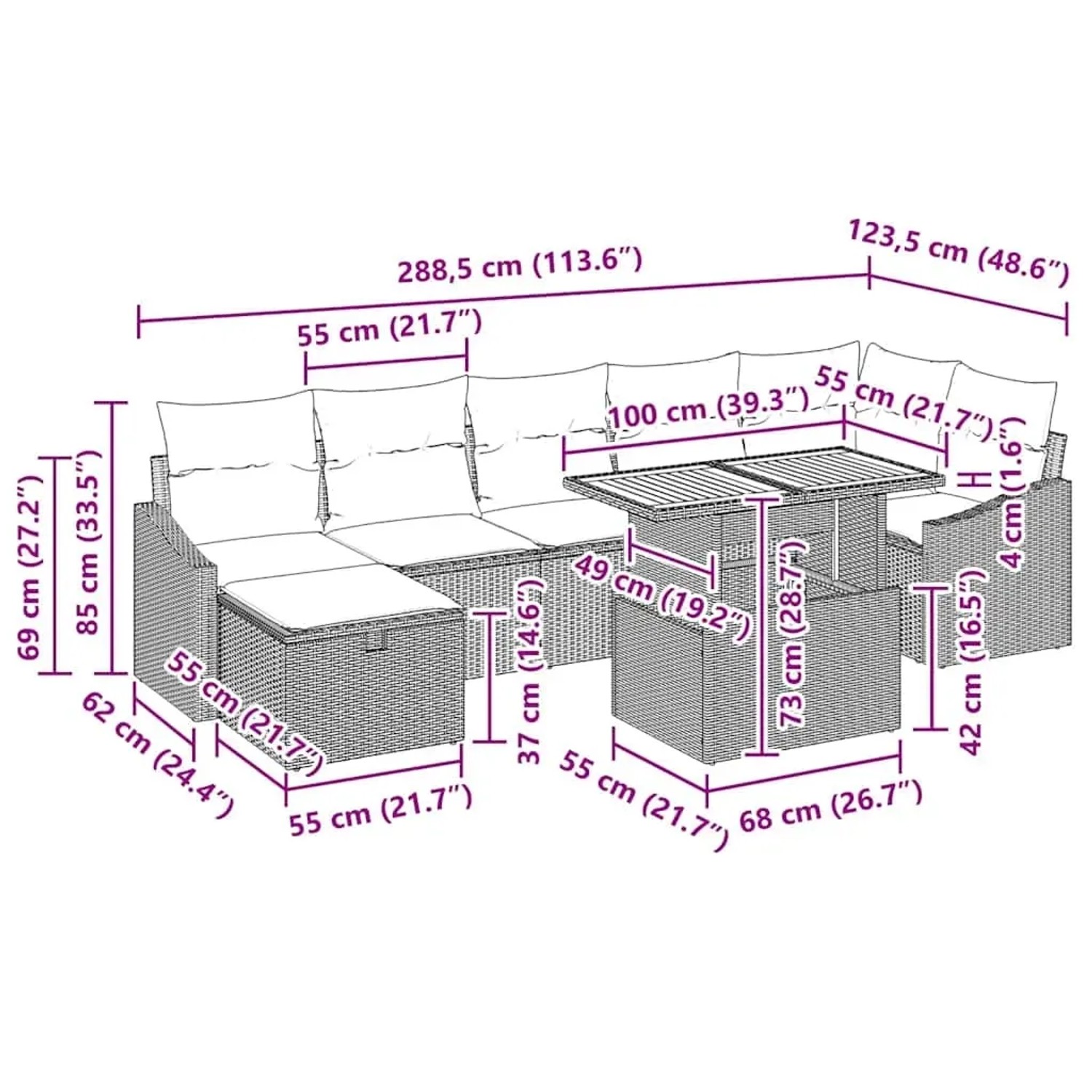Graues 8-tlg. Garten-Sofa-Set mit Kissen und Stauraum aus Poly Rattan. Abmessungen sichtbar.