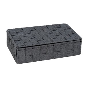 Dunkelgrauer Wenko Aufbewahrungskorb Adria mit Deckel aus Polypropylen, geflochtene Optik.