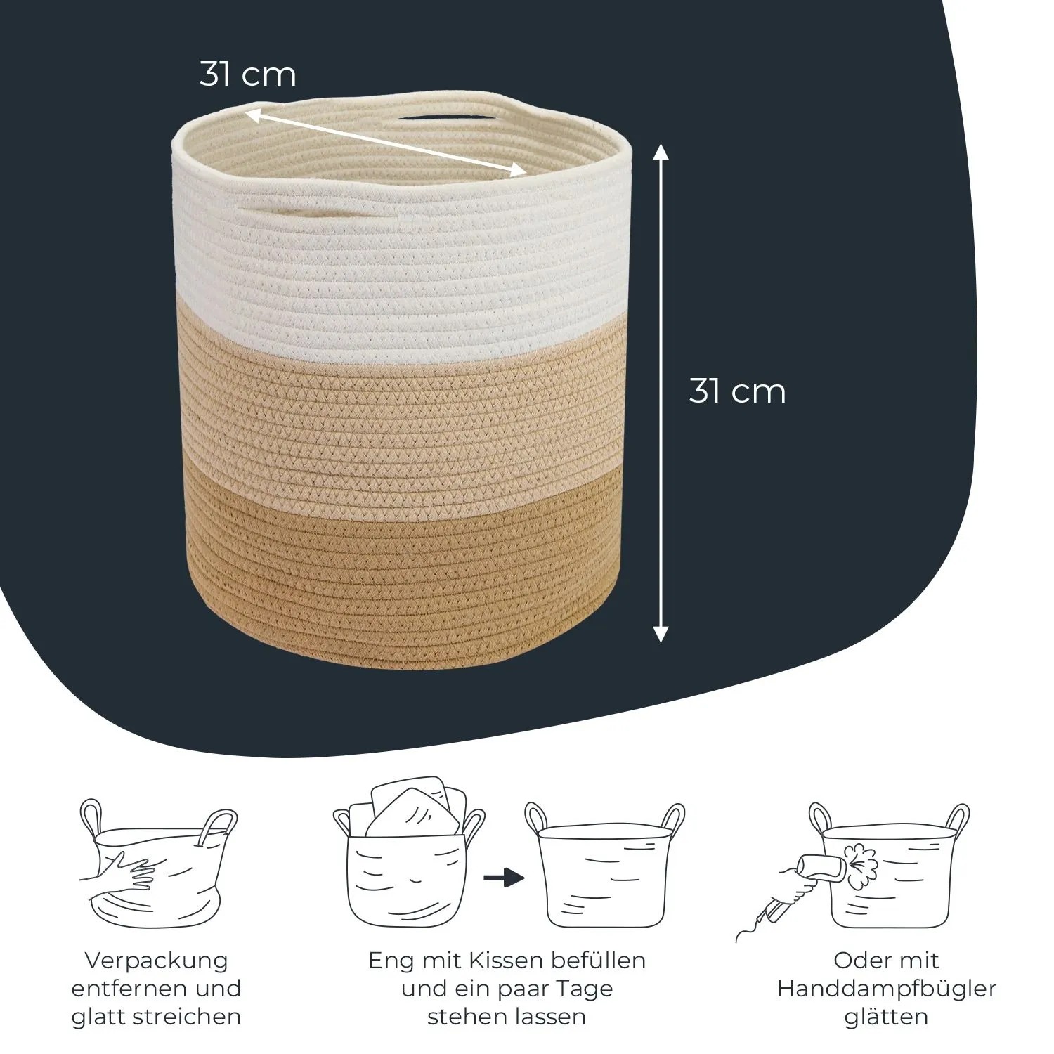 HMF 39015-31CM-80 Aufbewahrungskorb Versteckten Griffen Runder Korb Kallax 31 x 31 cm Weiß-Braun_3