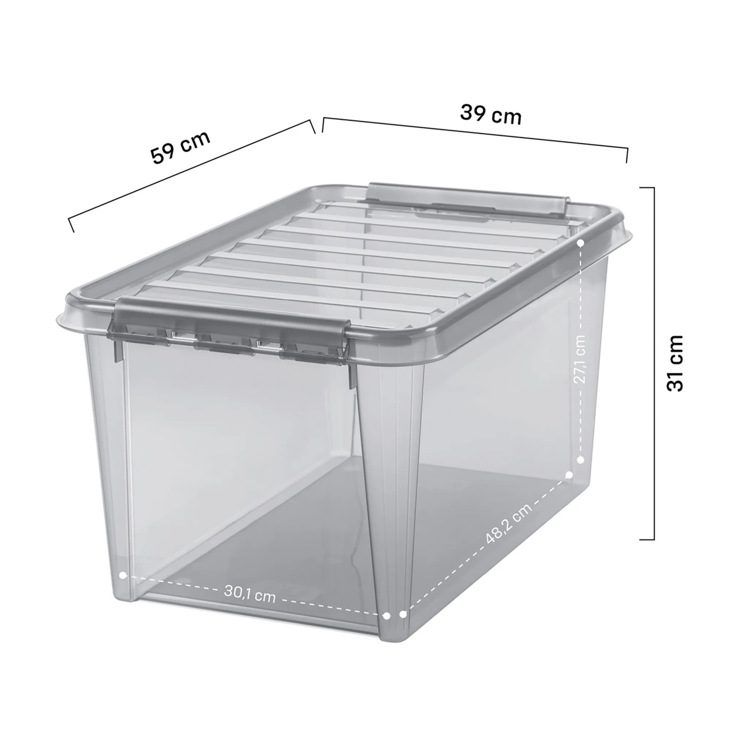 Graue SmartStore Colour 45 Aufbewahrungsbox mit Deckel und transparenten Wänden.