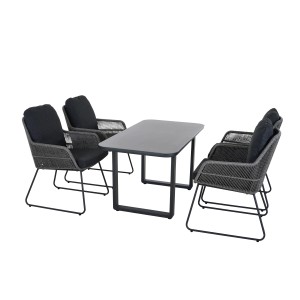 Siena Garden Gartenstühle Kansas, 4 graue Sessel mit Tisch, Edelstahl und Gardino-Geflecht.