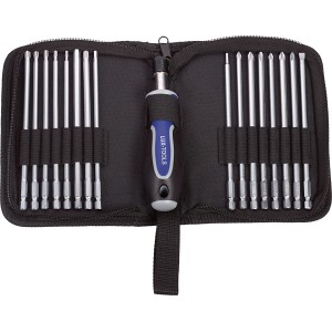 LUX Langbit-Set Comfort Nylon in geöffneter Tasche mit Schraubendreher und Bits.