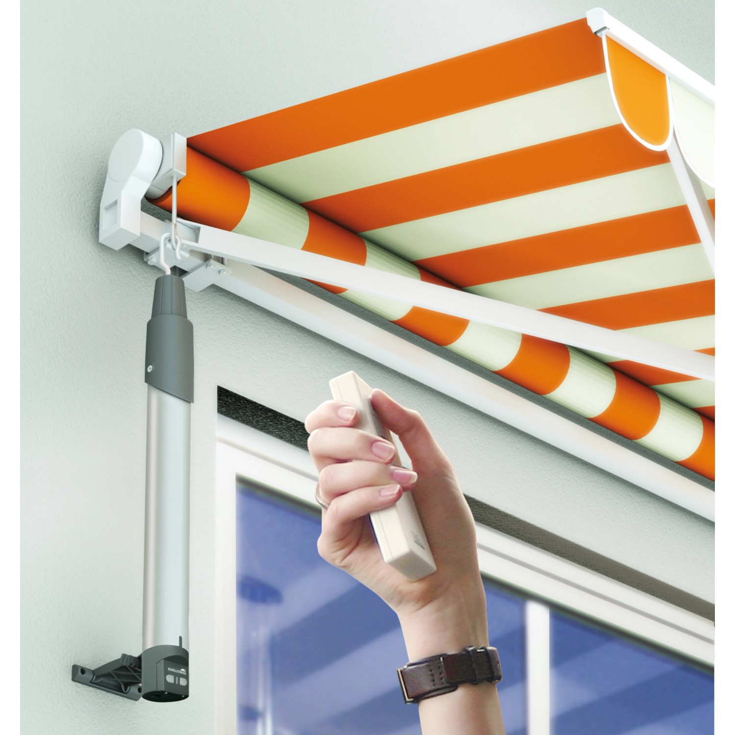 Schellenberg Funk-Markisenantrieb Premium mit Solarpanel und Fernbedienung zur Steuerung einer Markise.