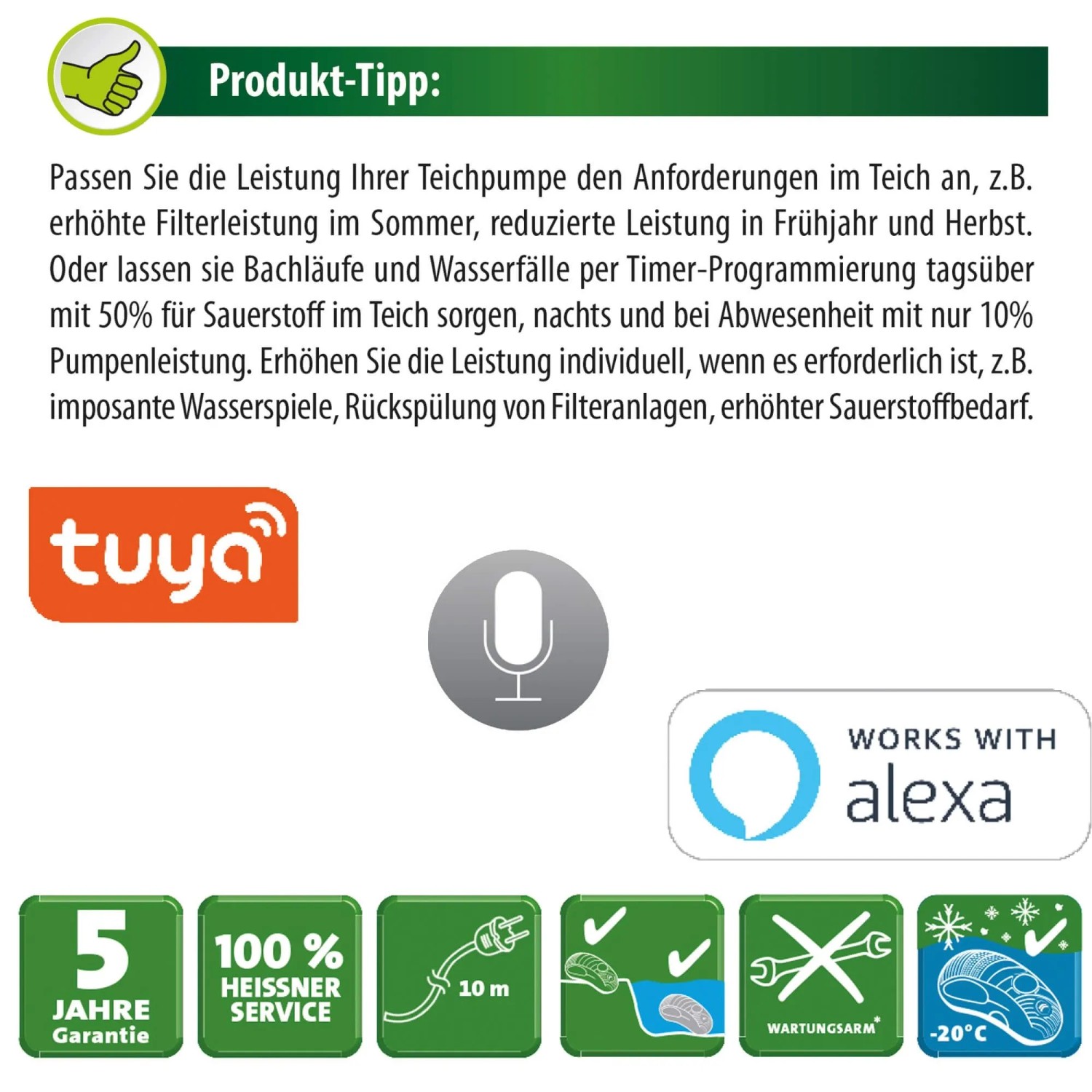 Produktinformationen zur Heissner Aqua Craft Smart Teichpumpe: Steuerung, Funktionen und Vorteile.