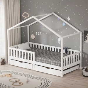 Weißes ML-Design Hausbett (90x200 cm) aus Kiefernholz mit 2 Schubladen für Kinder.