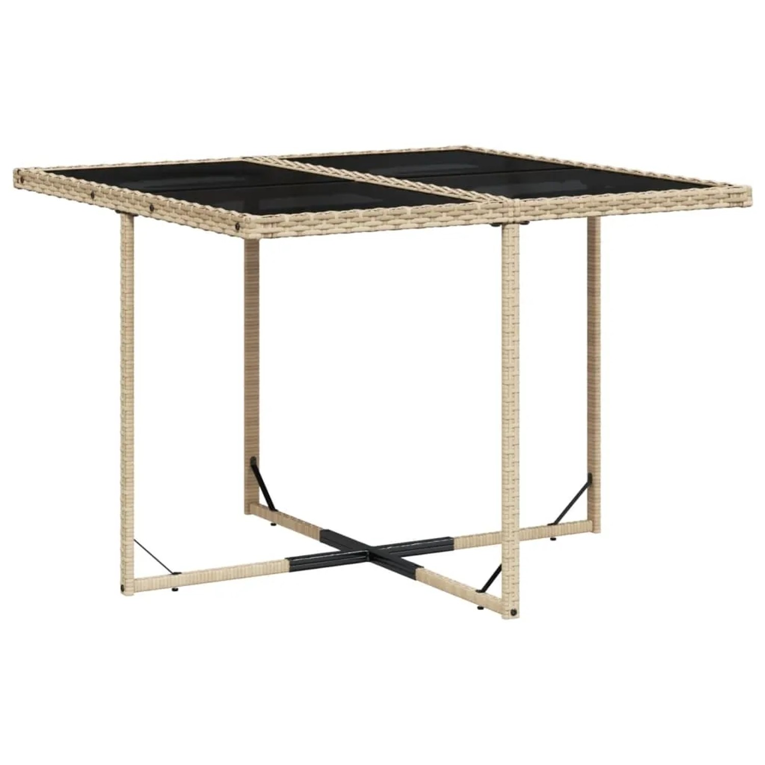 Gartentisch der 9-tlg. vidaXL Garten-Essgruppe aus beigem Poly Rattan mit Glasplatte.