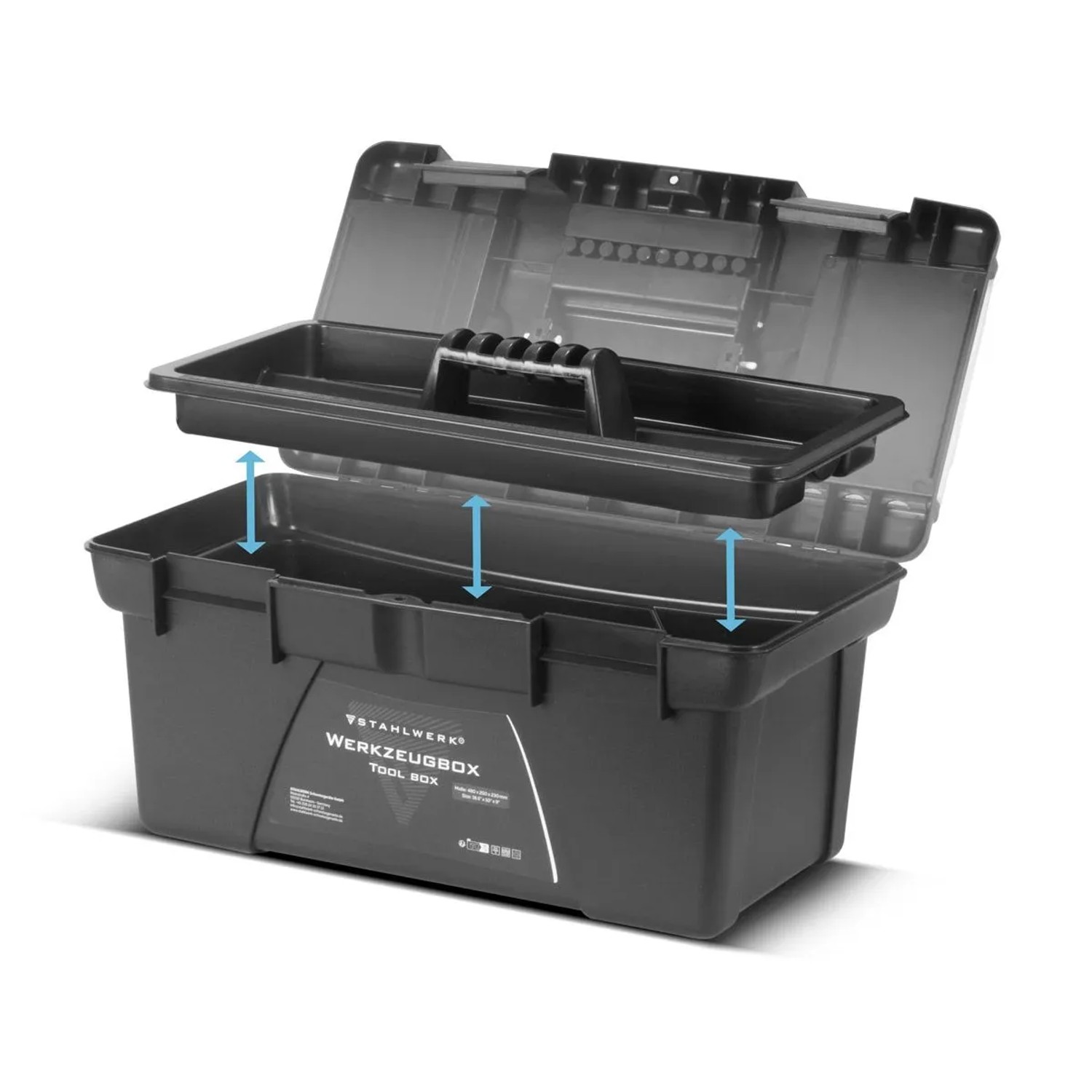 STAHLWERK Werkzeugkoffer Set, 5 leere Boxen mit Einhängeeinsatz, geöffnet.