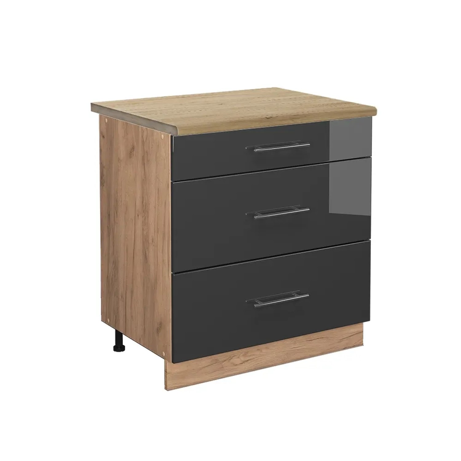 Vicco Küchenunterschrank Fame-Line Anthrazit Hochglanz/Goldkraft Eiche 80 cm mit 3 Schubladen AP Eiche