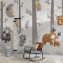 Fototapete Waldtiere grau 4x2,5m im Kinderzimmer mit Bäumen, Tieren und Mond.