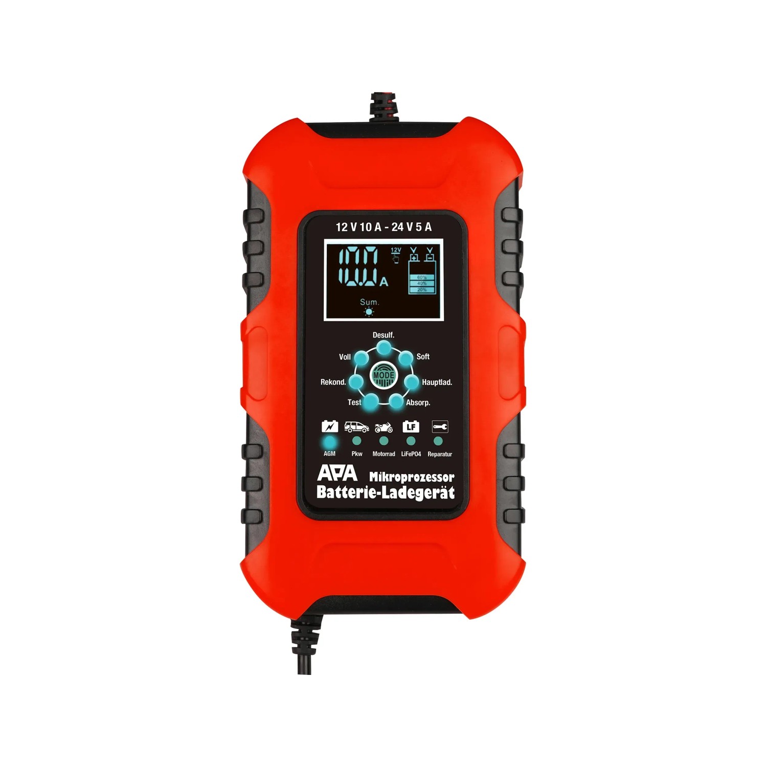 Rotes Apa Batterieladegerät 12/24V 10A für Auto- und Motorradbatterien mit Multifunktionsanzeige.