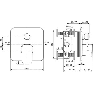 Technische Zeichnung: Ideal Standard Tonic II Unterputz Badearmatur, Chrom, mit Maßangaben.