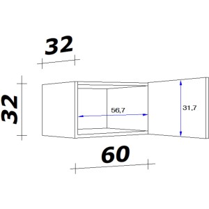Technische Zeichnung: Flex-Well Kurz-Oberschrank Lucca, 60 cm breit, mit Maßen.