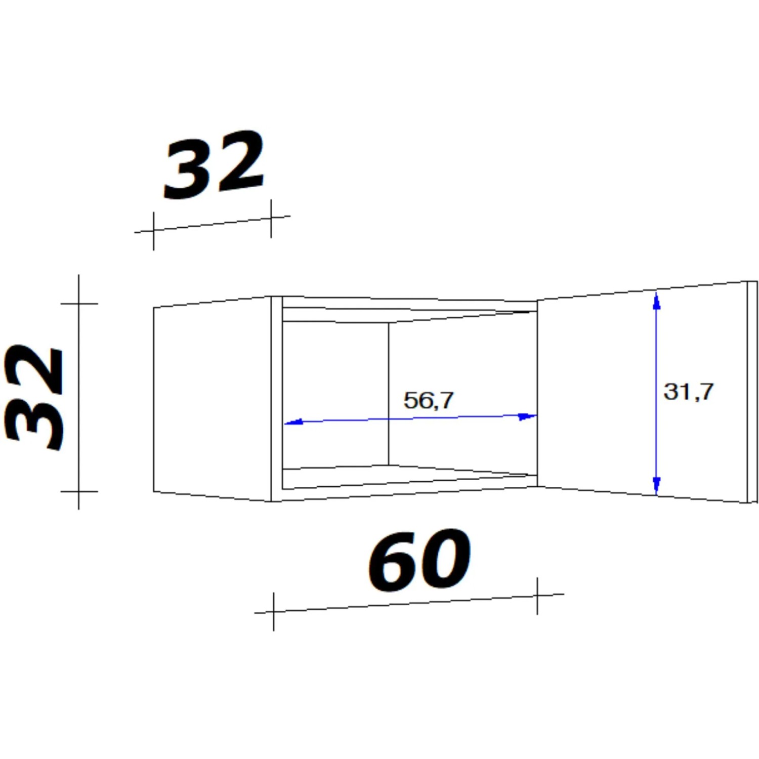 Technische Zeichnung: Flex-Well Kurz-Oberschrank Lucca, 60 cm breit, mit Maßen.