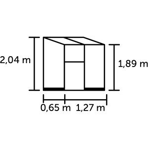 Skizze des Halls Qube Lean-to 24 Gewächshauses in Schwarz mit Maßangaben.
