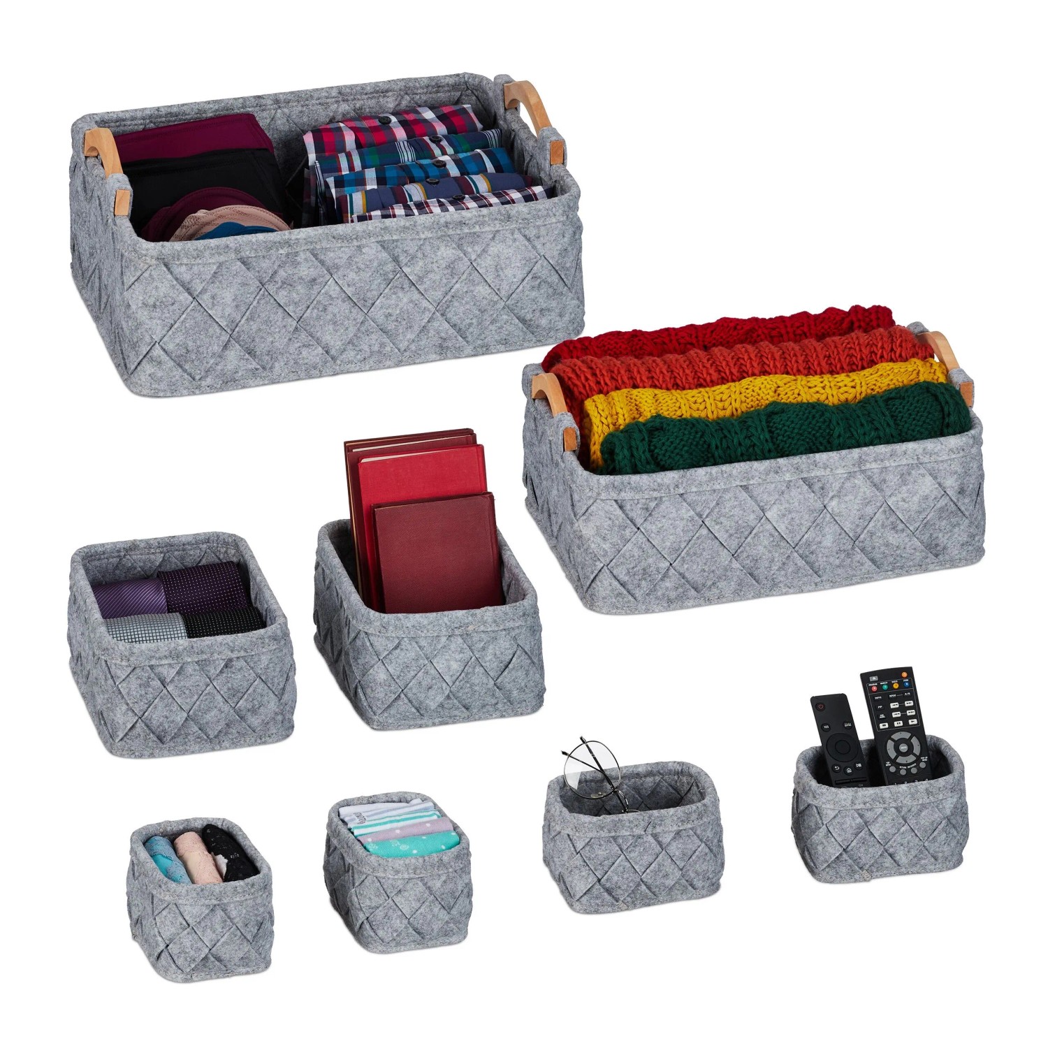 Relaxdays Schrank-Organizer Filz Holz Hellgrau 8-teilig 19 cm x 42 cm x 31 cm