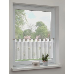 Grüne Bistrogardine mit Gänseblümchen-Stickerei, Schlaufenaufhängung, 140x48 cm.