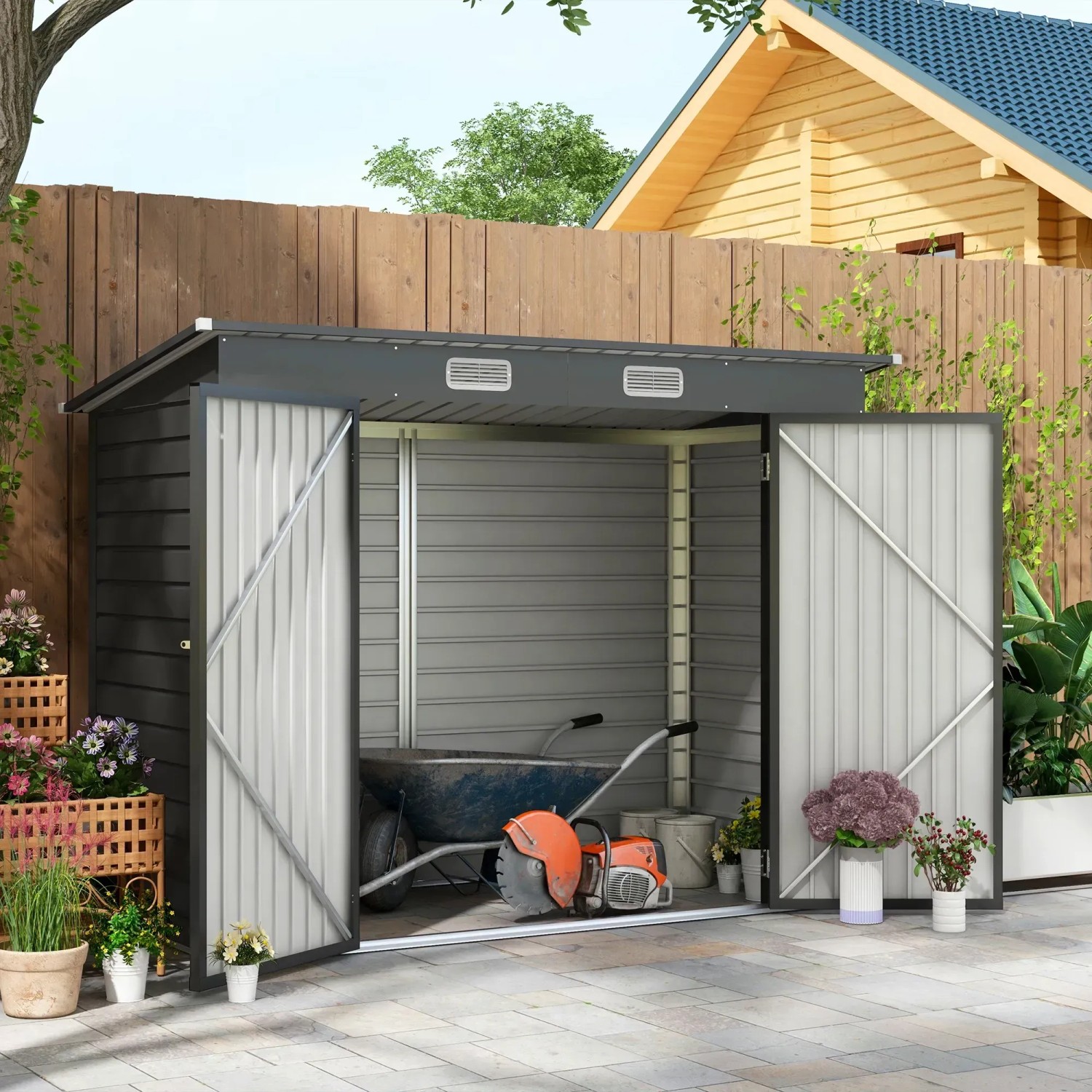 Outsunny Gerätehaus 2,7 m² mit Doppeltür, grau, mit Gartengeräten wie Schubkarre und Trennschleifer.