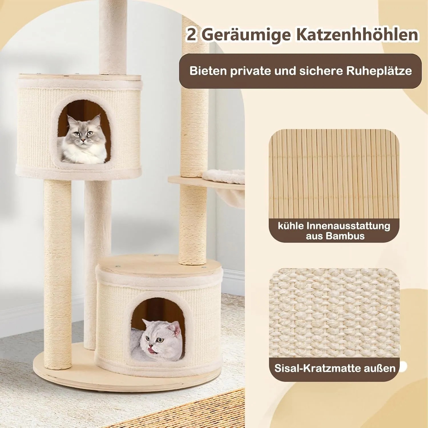 Costway Katzenmöbel Kletterbaum mit Kratztonne in Natur, 152 cm hoch, mit zwei Katzenhöhlen.