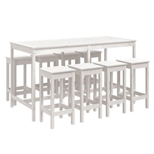 Weißes 9-tlg. Gartenbar-Set aus Kiefernholz mit Tisch und 8 Barhockern.