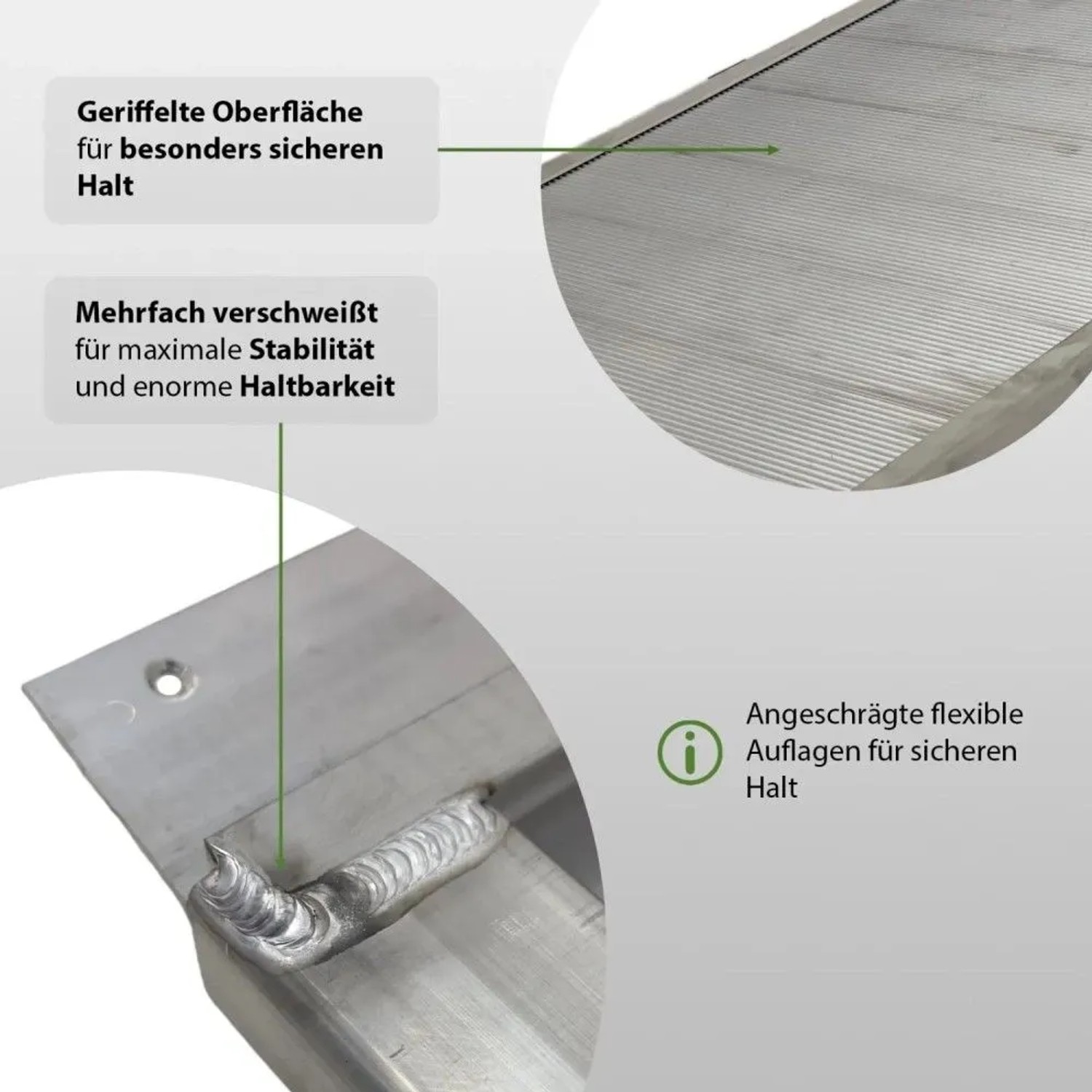 Detail der TRUTZHOLM Alu Breitrampe: geriffelte Oberfläche für sicheren Halt und robuste Schweißnähte. Ideal als Laderampe.