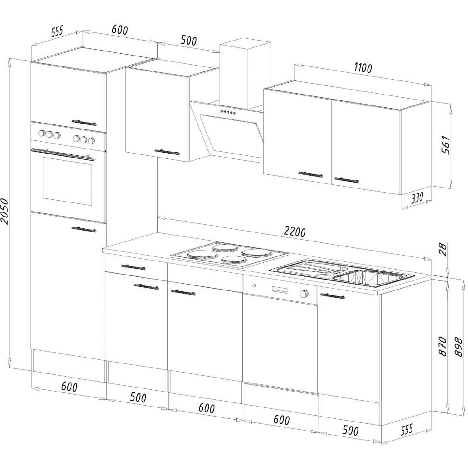 Respekta Küchenzeile 280 cm, Schwarz Seidenglanz/Eiche York Dekor, ohne E-Geräte.