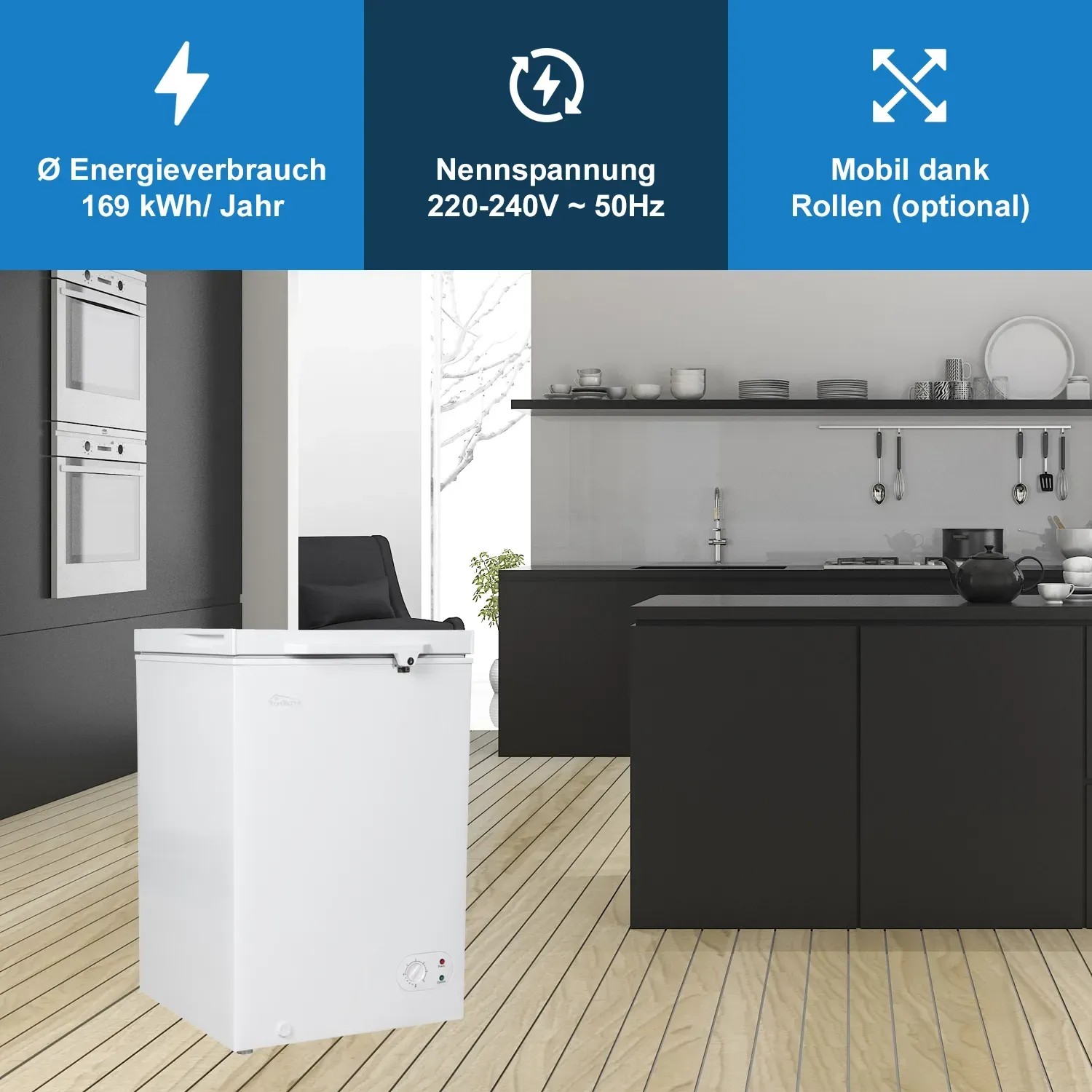 Weiße Tronitechnik Gefriertruhe Borgar Pro (110L) in moderner Küche. Kühltruhe mit LED-Licht.
