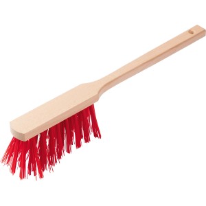 Langstielhandfeger 43 cm mit roten Borsten und Holzgriff für Reinigungsarbeiten.