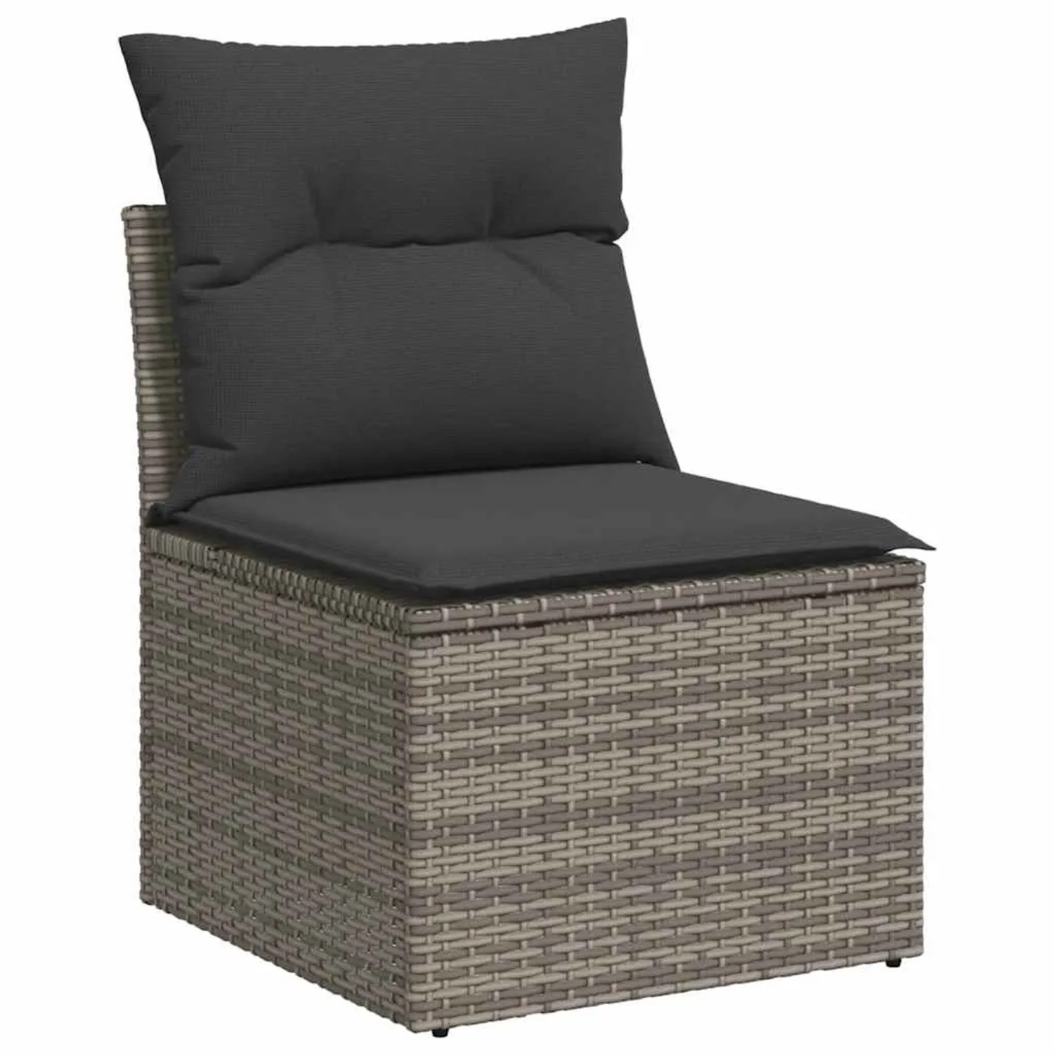Grauer vidaXL Garten-Sessel aus Rattan mit Kissen, Teil einer Sofagarnitur.