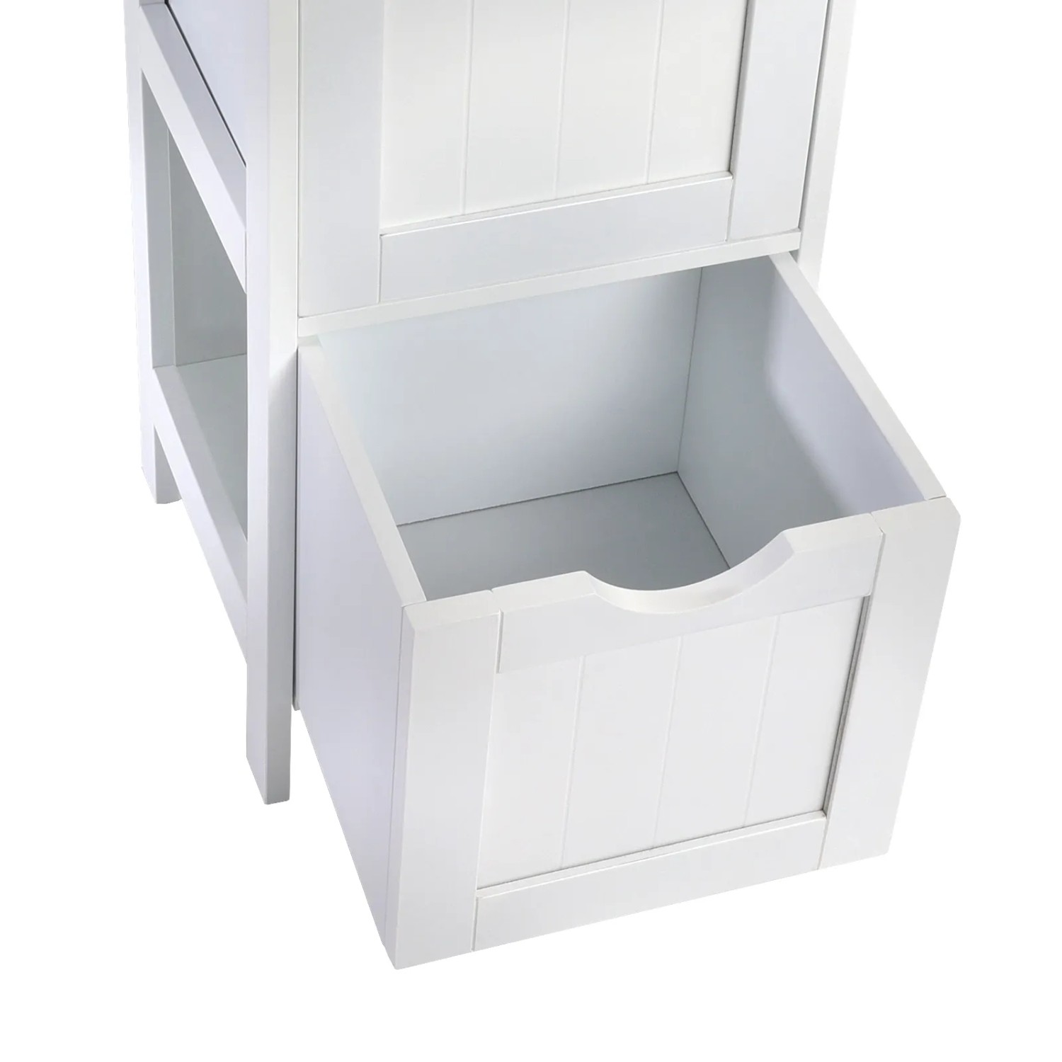 Detailaufnahme des weißen Svita Lintu Badregals mit Schubladen in Holzoptik.