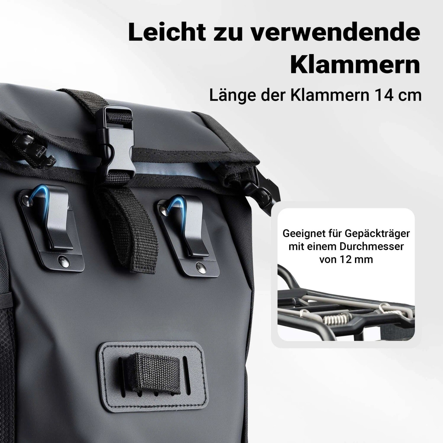 Wiltec Gepäckträgertasche, matt schwarz, mit 14 cm Klammern für 12 mm Gepäckträger. Einfache Befestigung der Fahrradtasche.