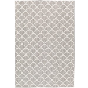 Grauer Primaflor In- & Outdoor Teppich (200x290cm) mit weißem Arcs Muster.