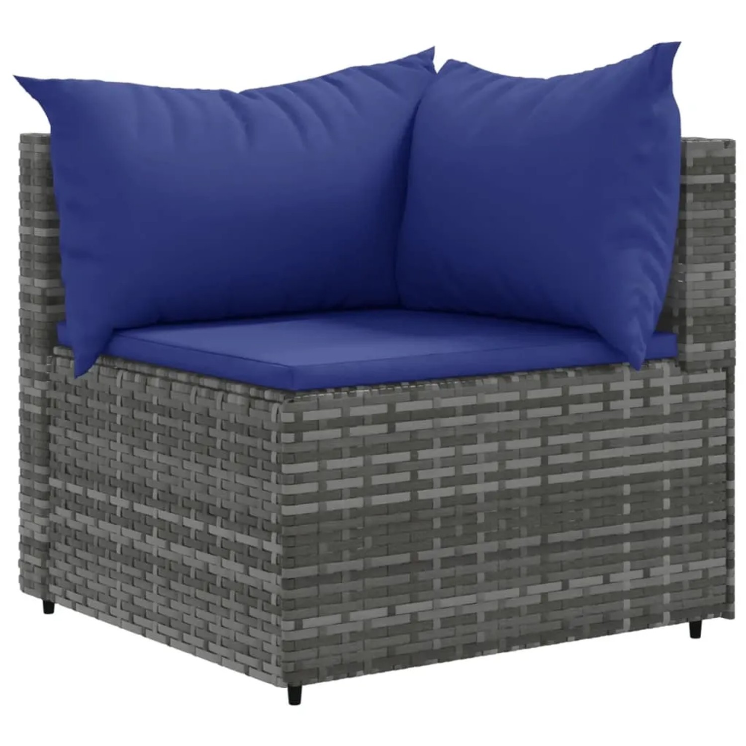 Graues vidaXL Garten-Lounge-Eckteil aus Rattan mit blauen Kissen.
