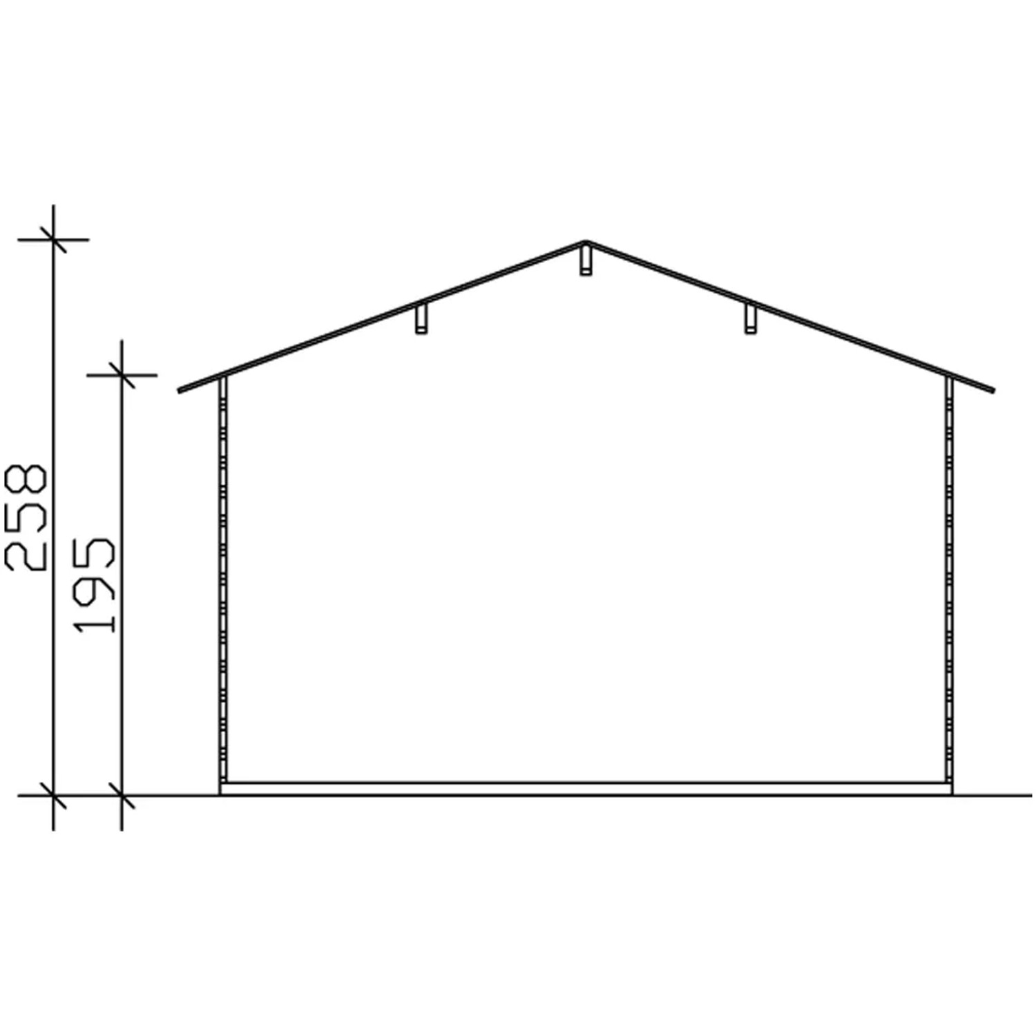 Skan Holz Gartenhaus Malaga 1: Schemazeichnung mit Maßen (Höhe 258 cm, Wandhöhe 195 cm).