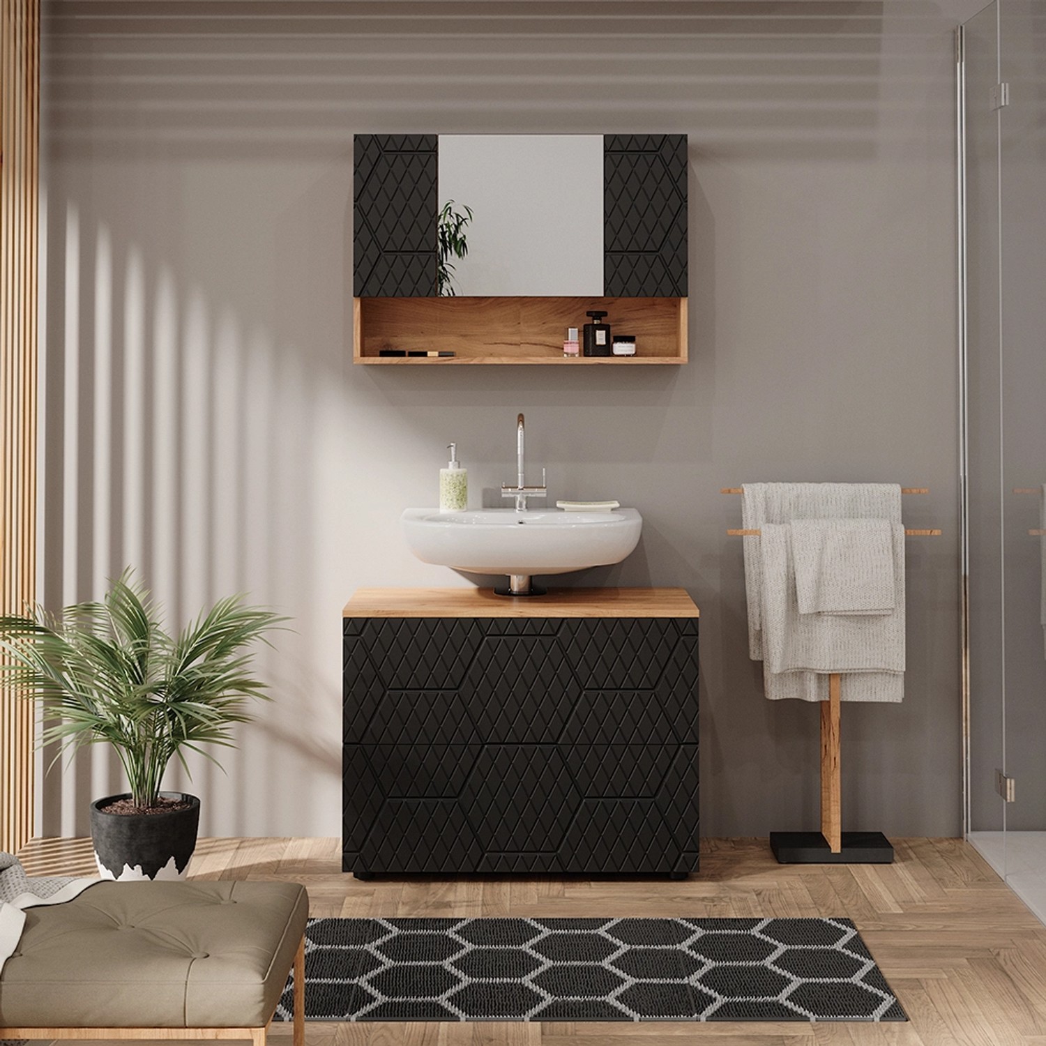 Vicco Badmöbel-Set Irma, 2-teilig, Eiche/Anthrazit: Unterschrank (80cm) und Spiegelschrank.