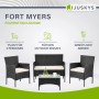 Schwarze Polyrattan Gartenmöbel Sitzgruppe Fort Myers mit cremeweißen Bezügen. Gartenmöbel für 4 Personen.