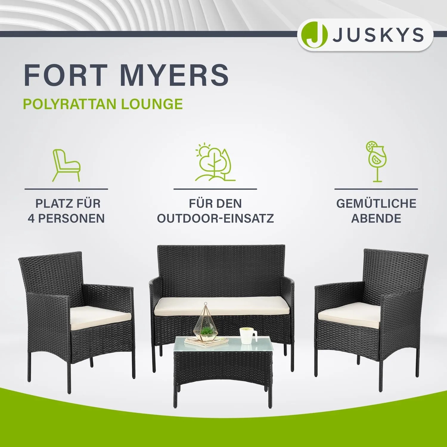 Schwarze Polyrattan Gartenmöbel Sitzgruppe Fort Myers mit cremeweißen Bezügen. Gartenmöbel für 4 Personen.