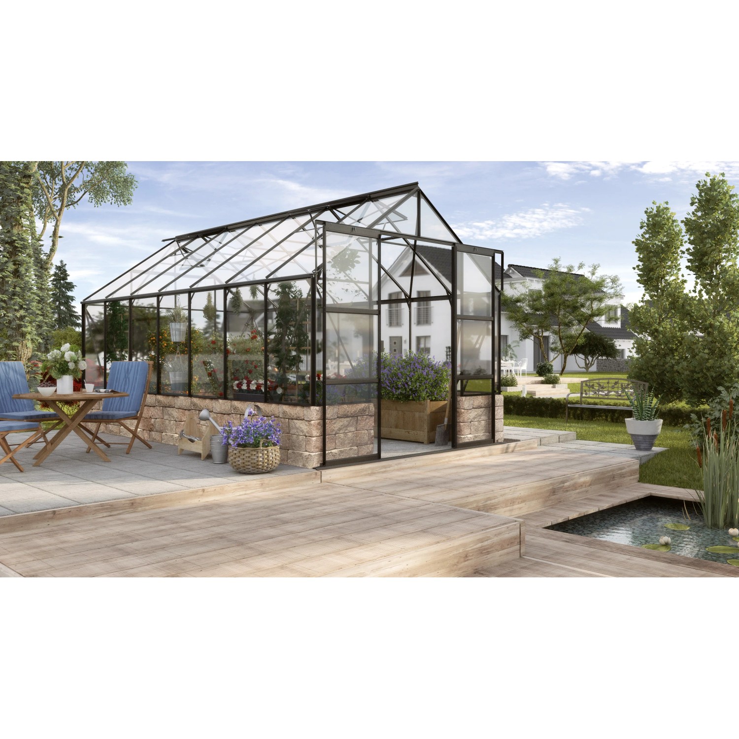 Schwarzes Gewächshaus Cassandra 11500 ESG mit Doppelschiebetür und 4 Dachfenstern im Garten.