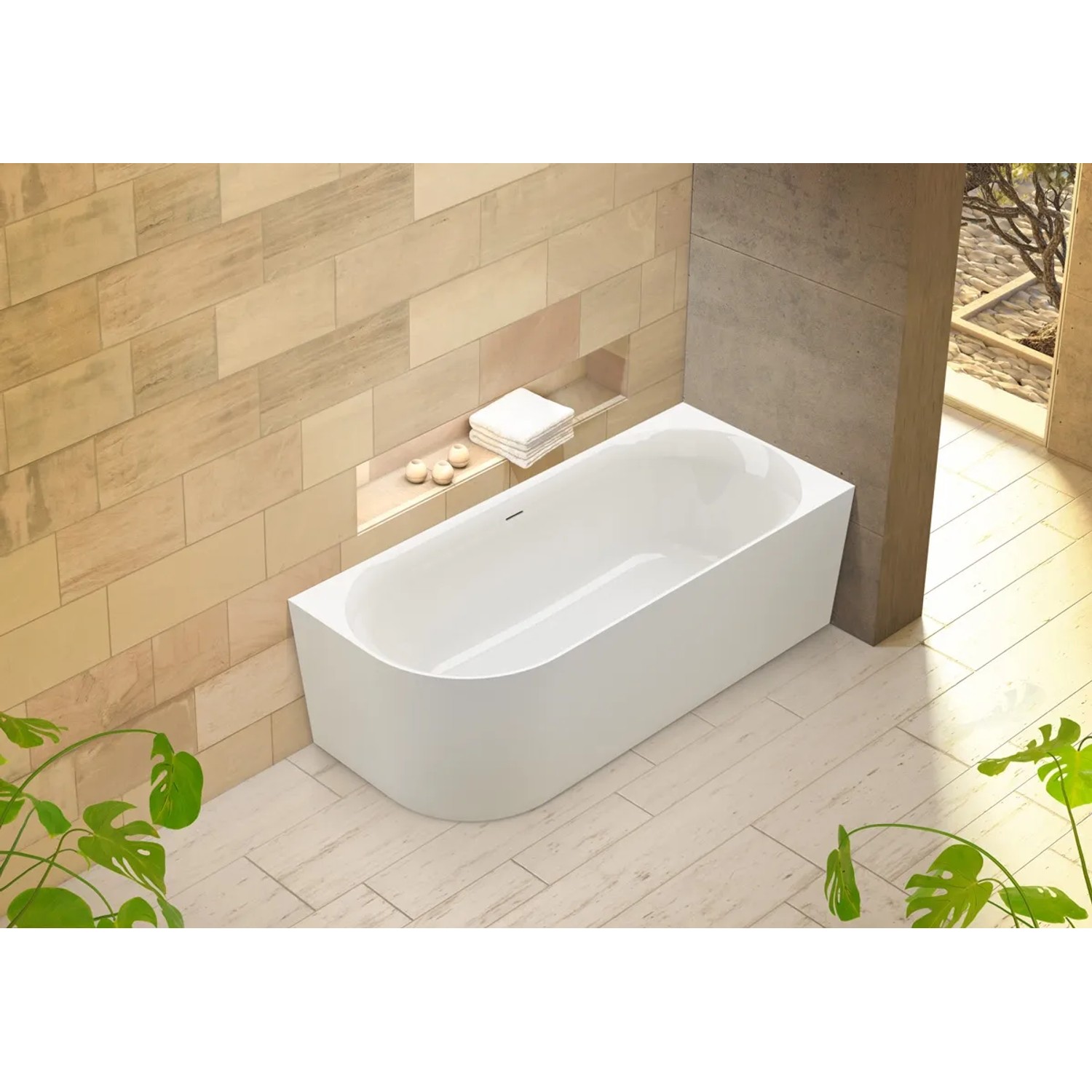 Weiße Ottofond Eckbadewanne Mince Corner XS (155x80 cm) im modernen Badezimmer.