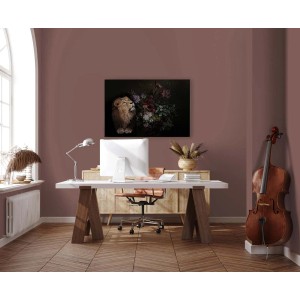 Leinwandbild: Tiger mit Blumen, modernes Wandbild in Schwarz und Lila für Wohn- und Schlafzimmer.