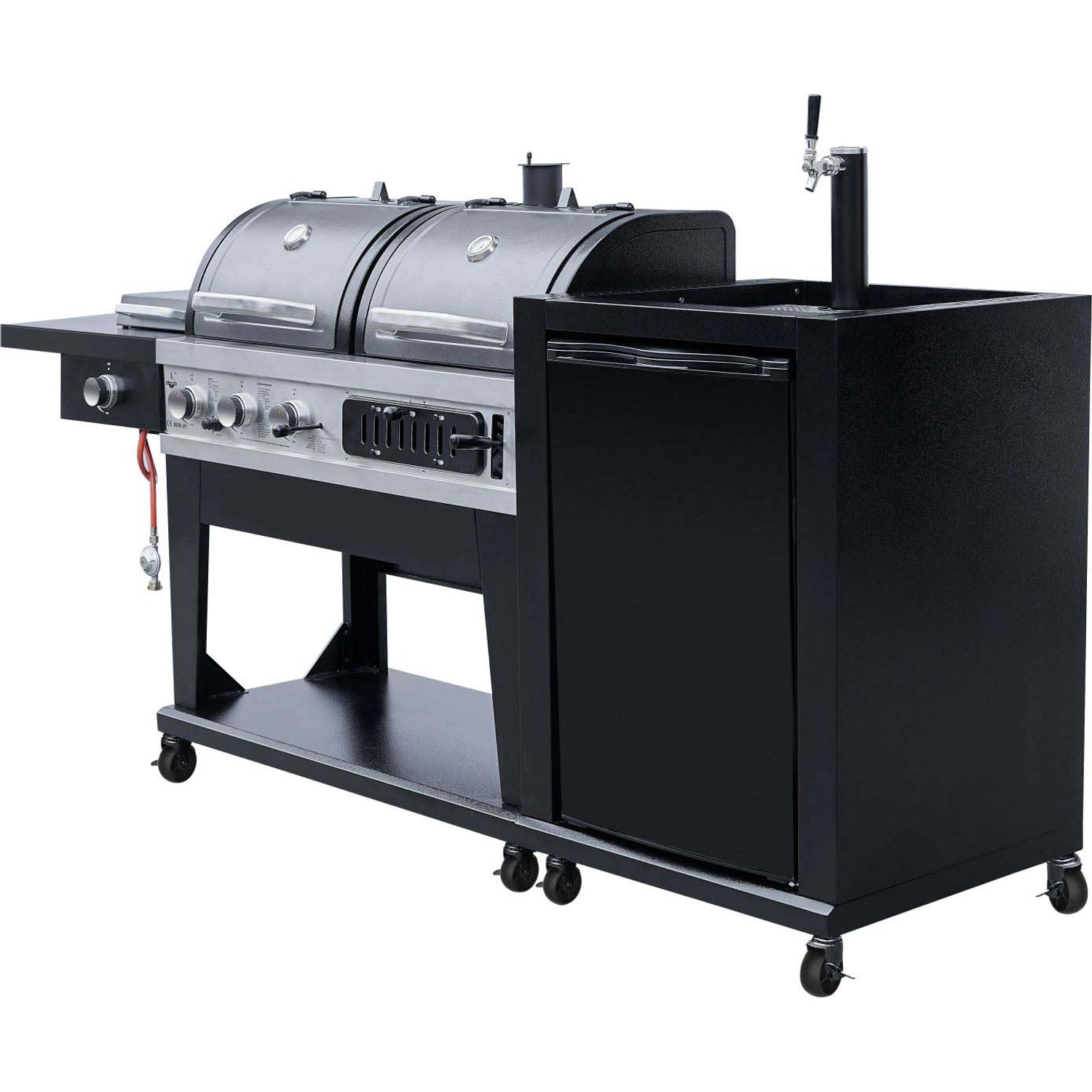 El Fuego Kombigrill 3 in 1 mit Bierkühler und Zapfanlage, Gasgrill und Holzkohlegrill in Schwarz.