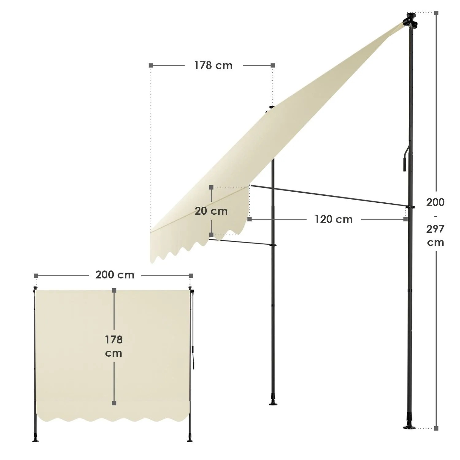 Juskys Klemmmarkise Kapstadt, 200x120 cm, Beige, mit Maßangaben für Montage und Größe.