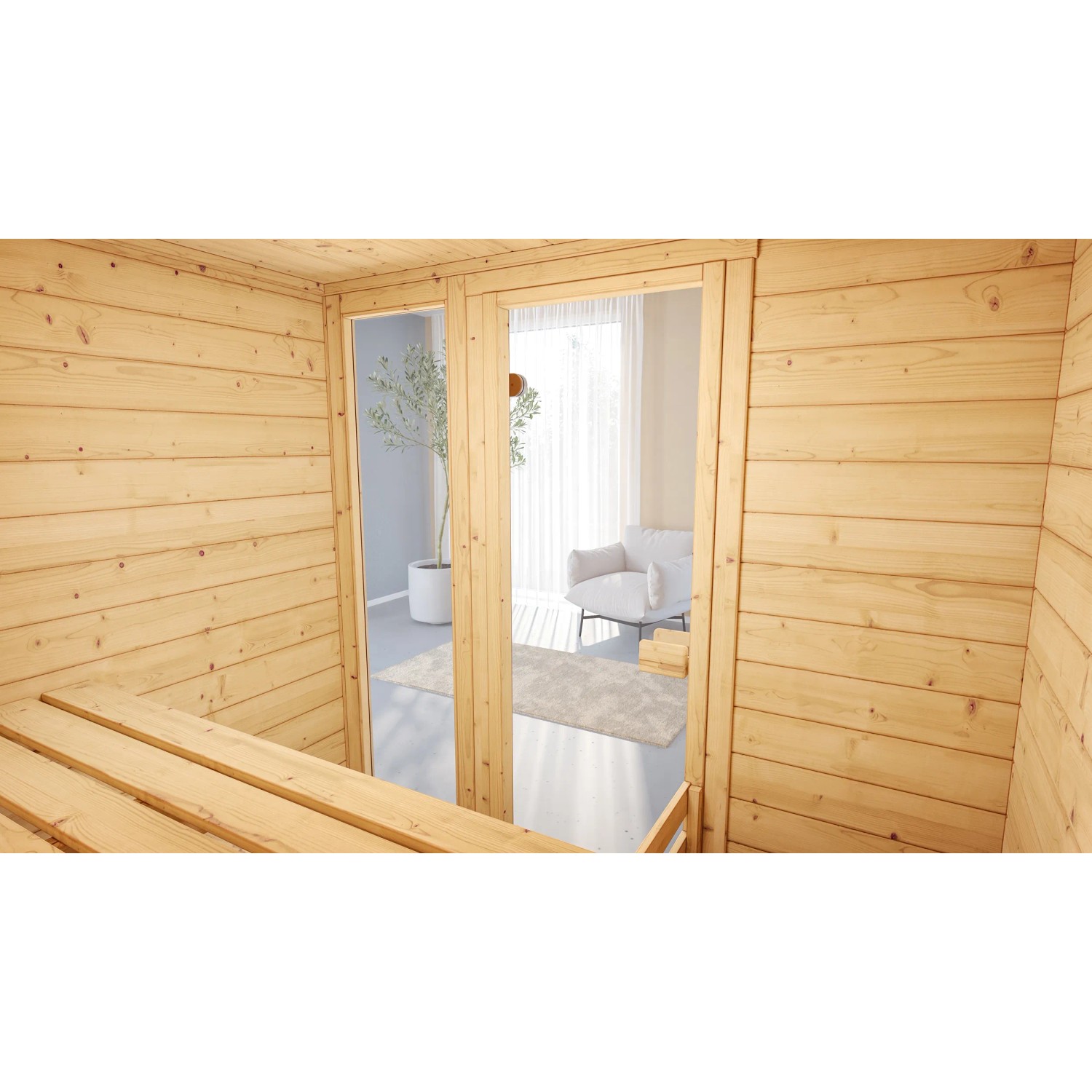 Innenansicht Weka Massivholzsauna Valida 2 mit Glastür und Liegeflächen.