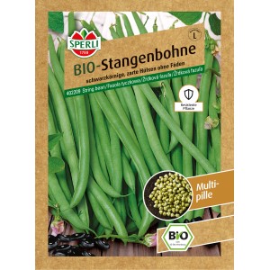 Samenpackung Sperli Bio Stangenbohne 'Cobra' mit grünen Bohnen und Samen.