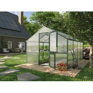 KGT Gewächshaus Tannengrün, 12,74 m², mit geöffneter Tür und Pflanzen im Inneren.