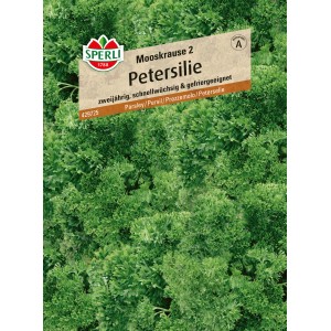 Samenpackung Sperli Petersilie Mooskrause 2 mit grünen, krausen Petersilienblättern.