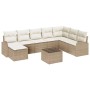 Beiges vidaXL Garten-Sofa-Set (9-tlg.) aus Poly Rattan mit weißen Kissen und Tisch.