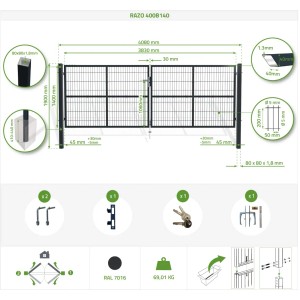 Graues Casanoov Razo Maschentor-Set, 4 m breit und 1,40 m hoch, ideal zur Grundstücksbegrenzung.