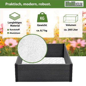 Anthrazitfarbenes Hochbeet in Holzoptik mit schwarzem Aluminiumrahmen und Wühlmausgitter für den Garten.