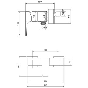 Technische Zeichnung: Villeroy & Boch Architectura Square Duscharmatur, Matt Black, mit Maßen.