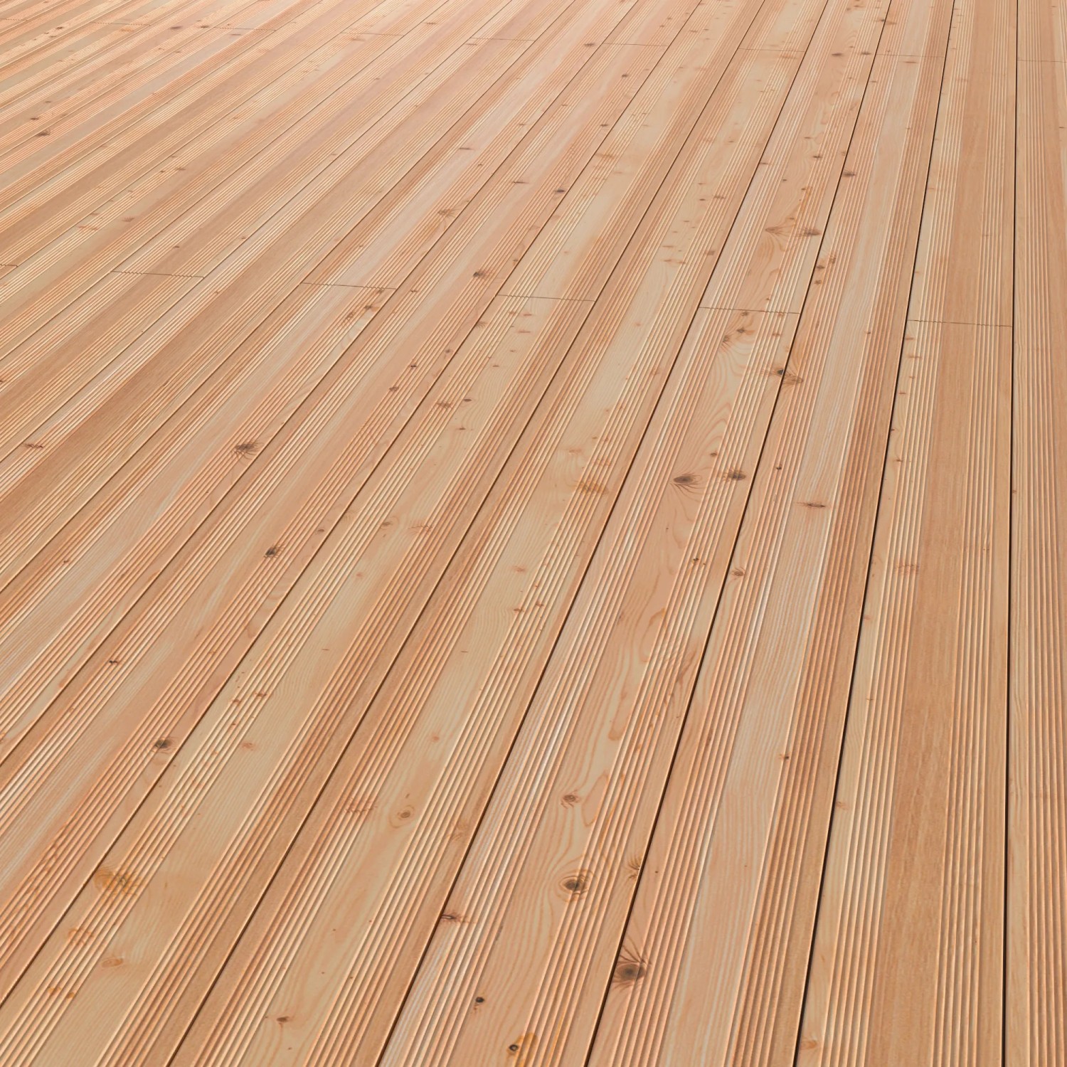 Terrassendielen aus Douglasie, geriffelte Oberfläche, natürliche Holzfarbe.